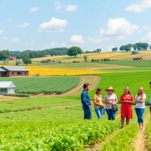 Peisaj rural cu antreprenori discutând în natură.