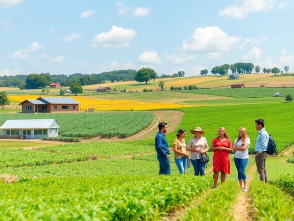 Peisaj rural cu antreprenori discutând în natură.