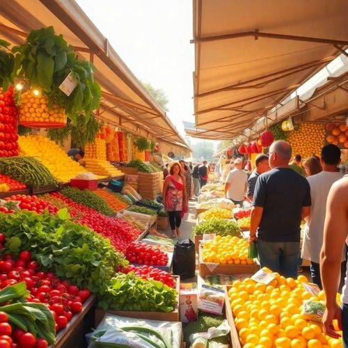 Piață locală aglomerată, oameni, tarabe, produse proaspete.
