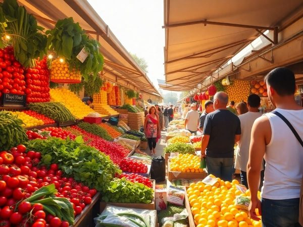 Piață locală aglomerată, oameni, tarabe, produse proaspete.