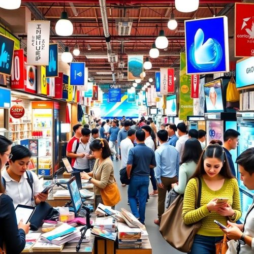 Scenă de piață modernă cu tehnologie și comerț divers.
