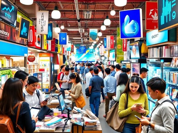 Scenă de piață modernă cu tehnologie și comerț divers.